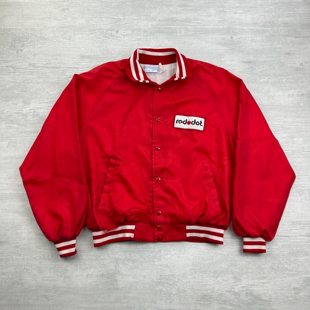 Vintage 80s Red Dot Satin Jacket Size XL Red Trucker Lightweight Casual